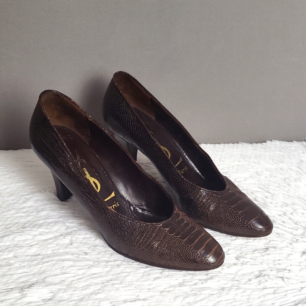 Yves Saint Laurent Classic Brown Snakeprint, Pointed Toe, Heels, Size 7N